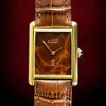 Cartier Tank Vermeil Tank Vermeil Wood dial (1981) - Bruin wijzerplaat 23mm Goud/Staal (1/8)