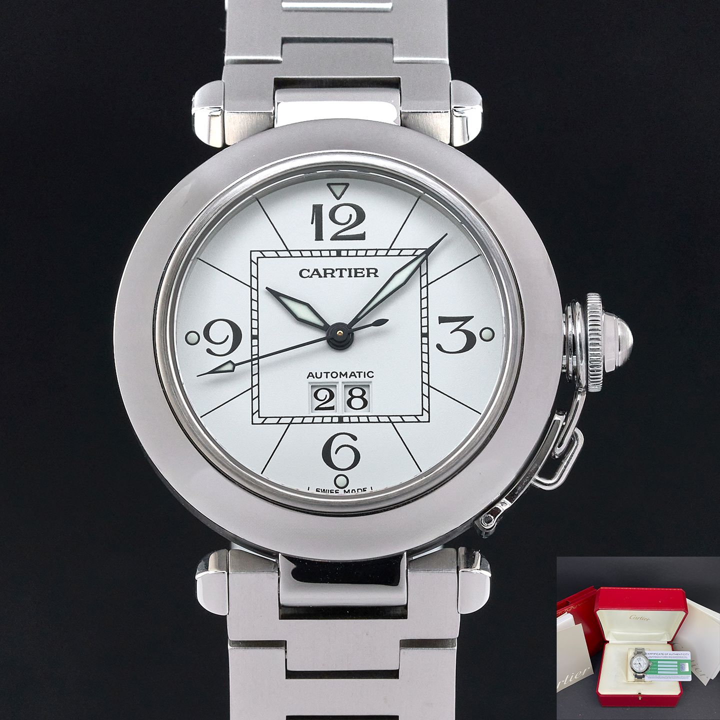 Cartier Pasha C W31055M7 (Onbekend (willekeurig serienummer)) - Wit wijzerplaat 35mm Staal (1/7)