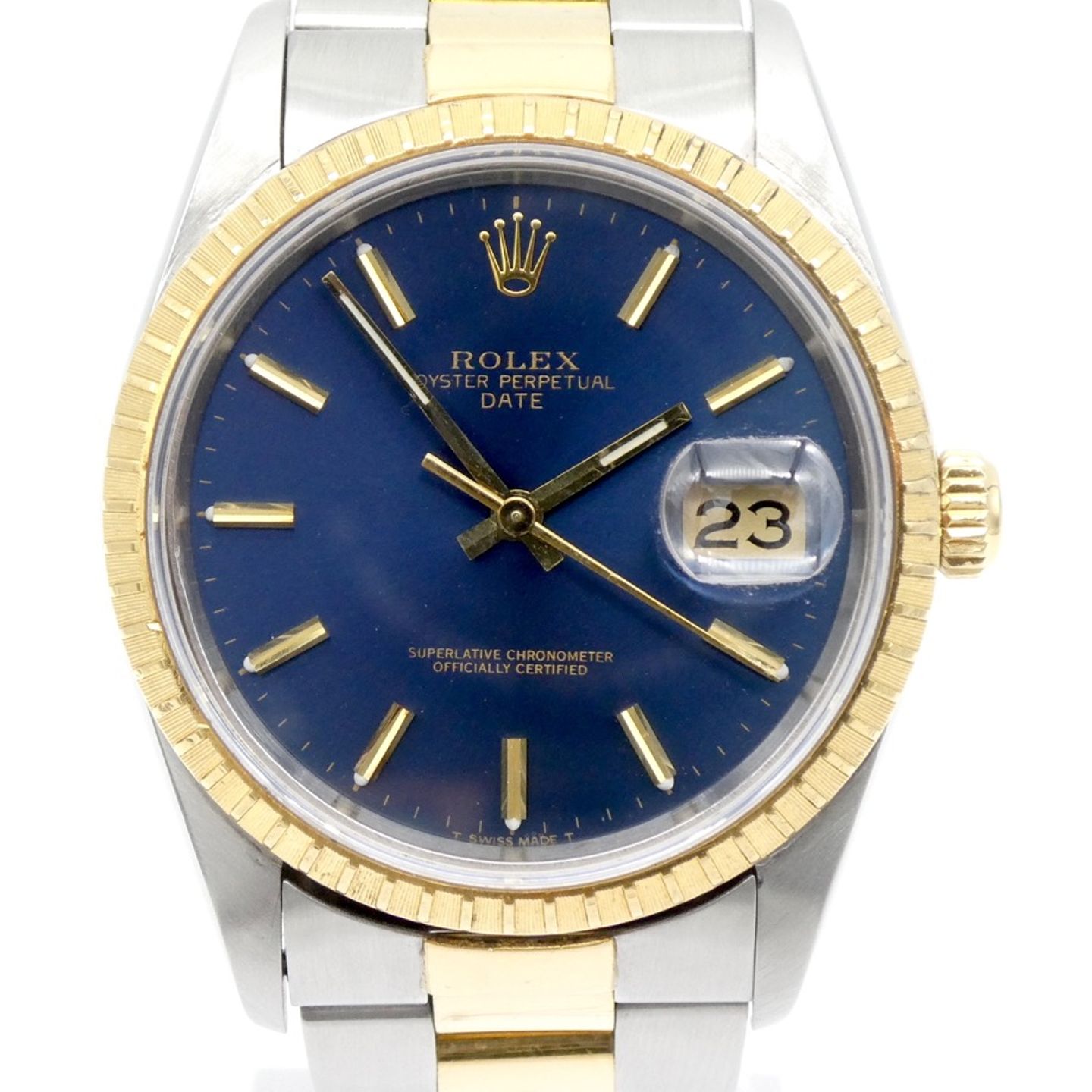 Rolex Oyster Perpetual Date 15223 (1989) - Blauw wijzerplaat 34mm Goud/Staal (1/8)