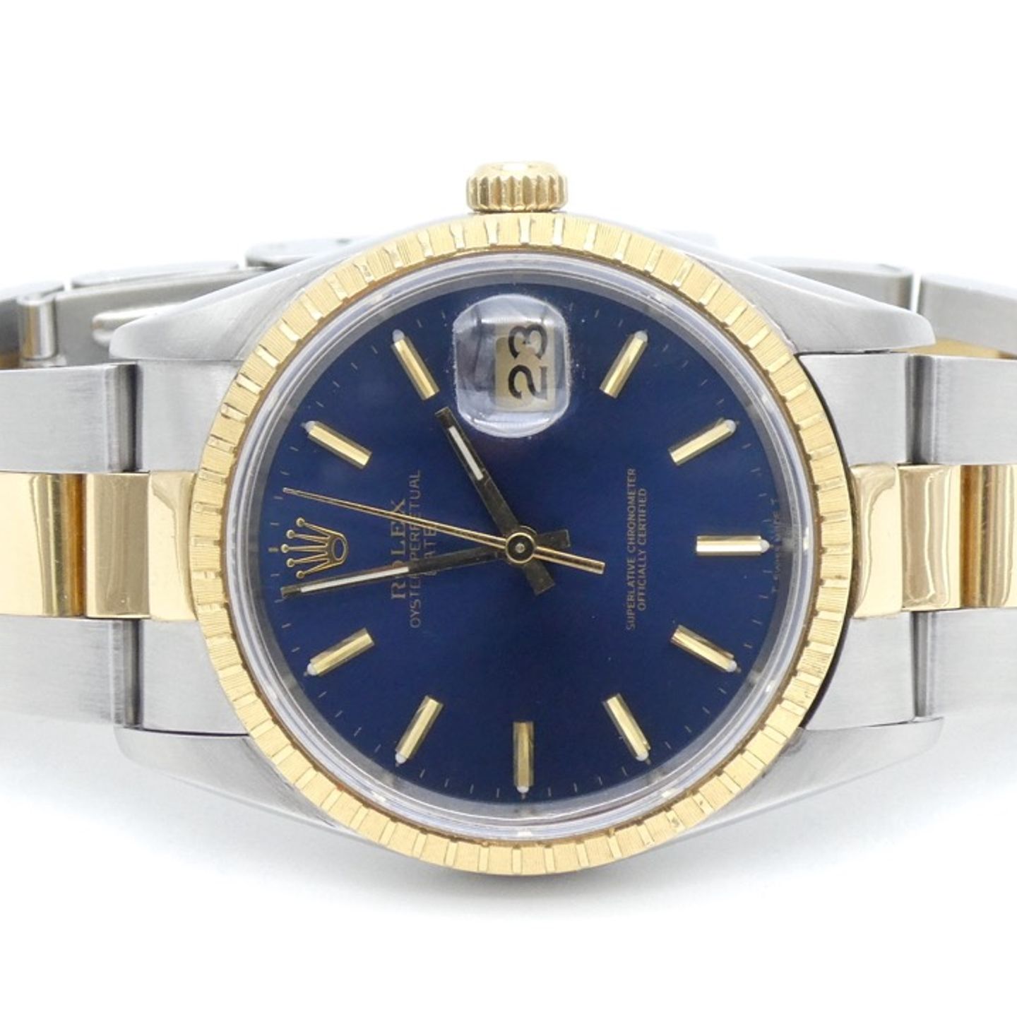 Rolex Oyster Perpetual Date 15223 (1989) - Blauw wijzerplaat 34mm Goud/Staal (8/8)