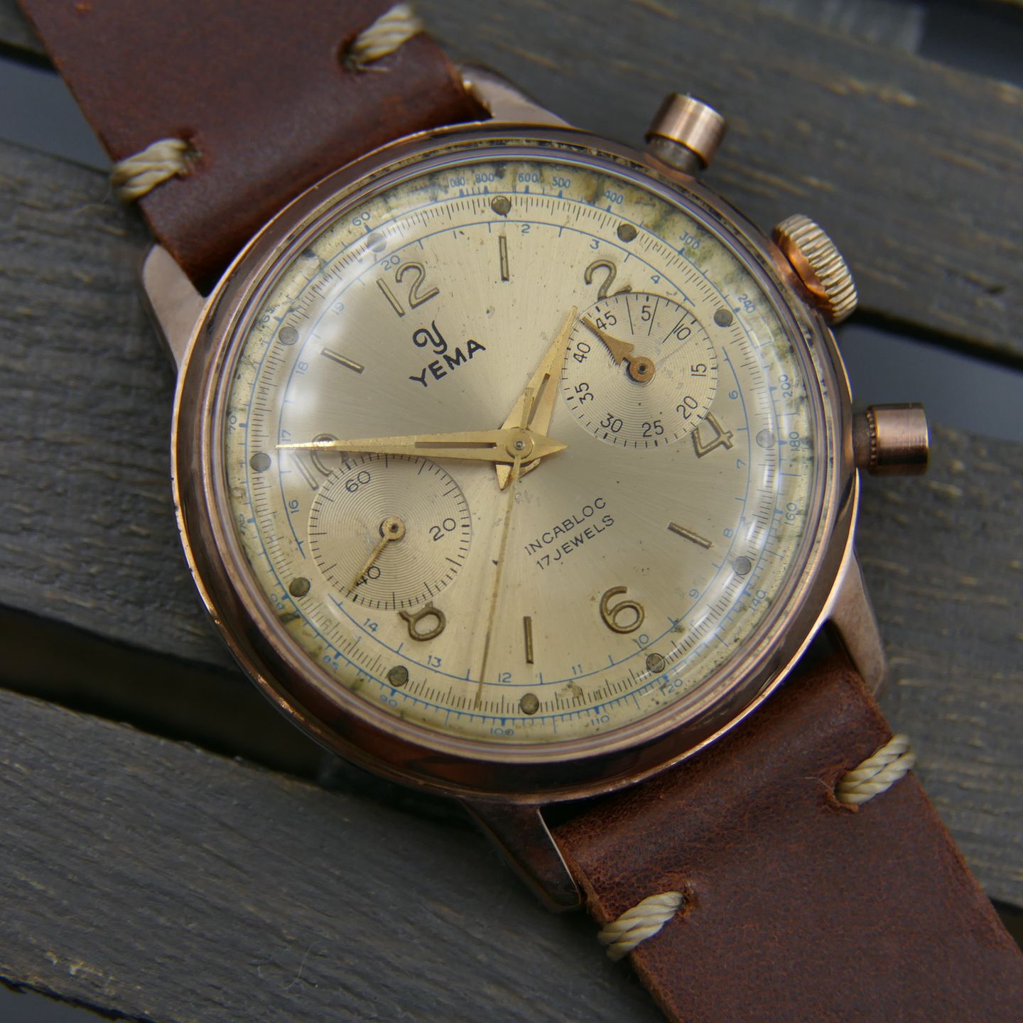 Yema Vintage 60's vintage watch mens chronograph valjoux 92 rose gold PL serviced - (1/8)