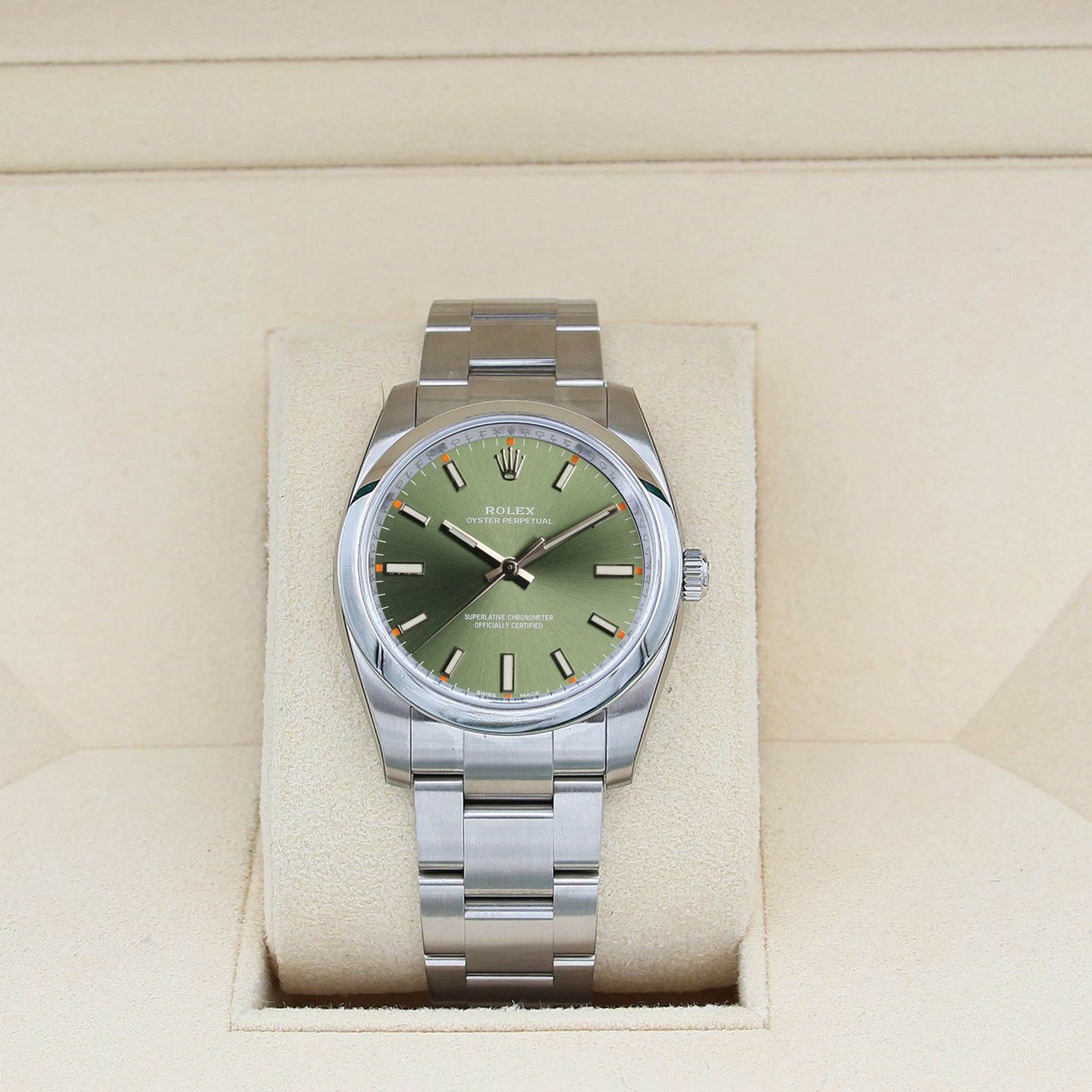 Rolex Oyster Perpetual 34 114200 (Onbekend (willekeurig serienummer)) - Groen wijzerplaat 34mm Staal (1/4)