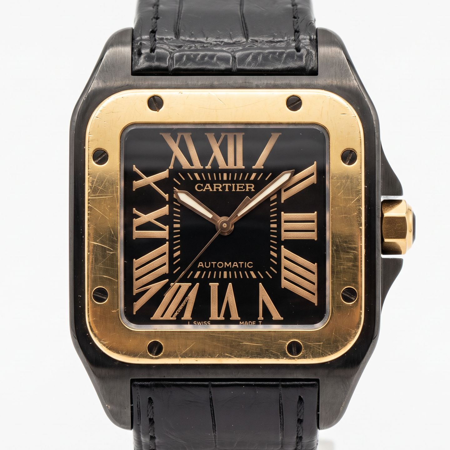 Cartier Santos 100 W2020009 (Unknown (random serial)) - Black dial 38 mm Gold/Steel case (2/5)