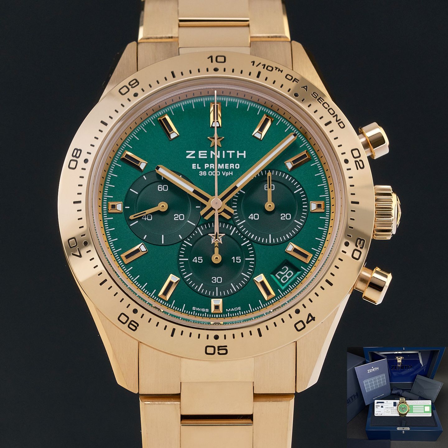 Zenith Chronomaster Sport 30.3100.3600/56.M3100 (2024) - Green dial 41 mm Yellow Gold case (1/8)