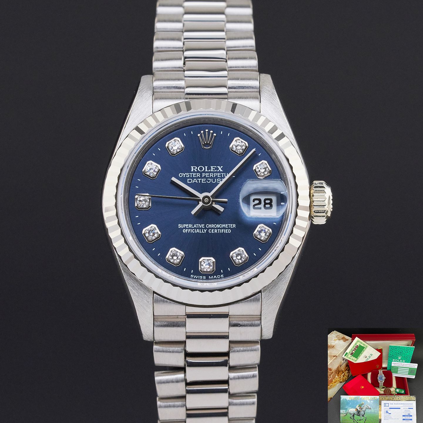 Rolex Lady-Datejust 69179 (1995) - Blue dial 26 mm White Gold case (1/8)