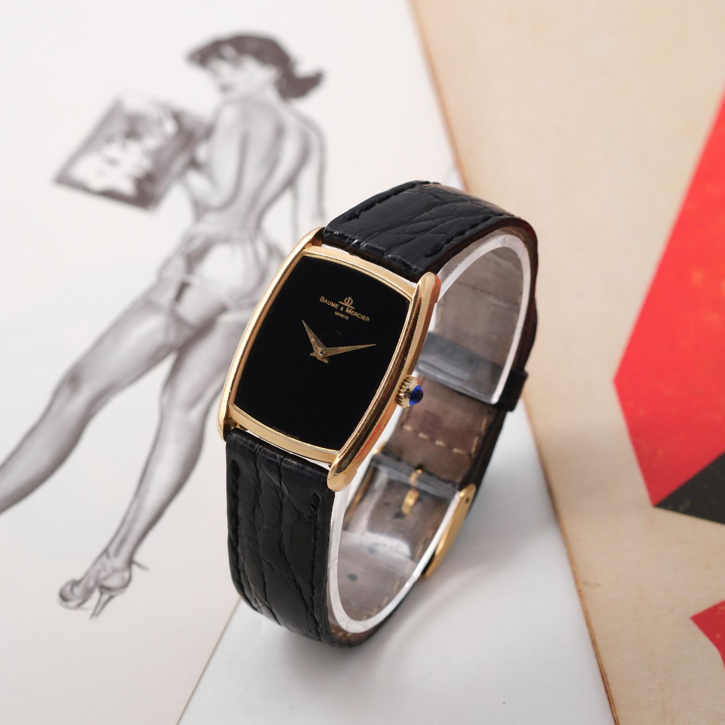 Baume & Mercier Vintage 37061 (1970) - Black dial 28 mm Yellow Gold case (3/8)