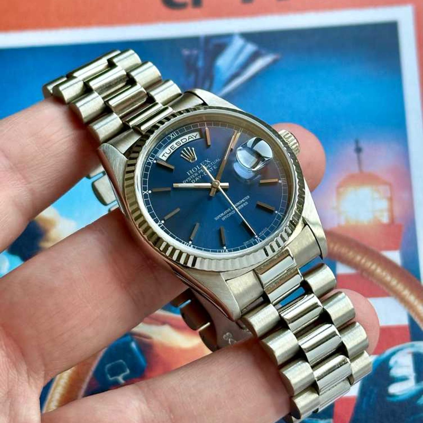 Rolex Day-Date 18239 (1991) - Blauw wijzerplaat 36mm Witgoud (3/8)