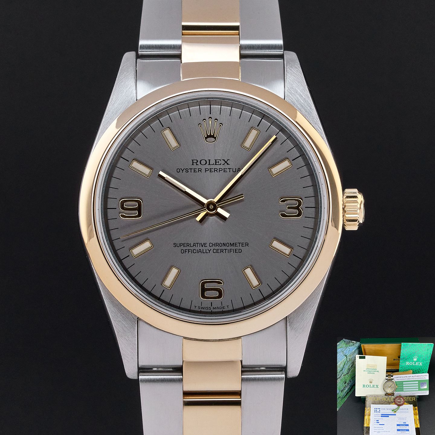 Rolex Oyster Perpetual 34 14203 (1995) - Grey dial 34 mm Gold/Steel case (1/8)