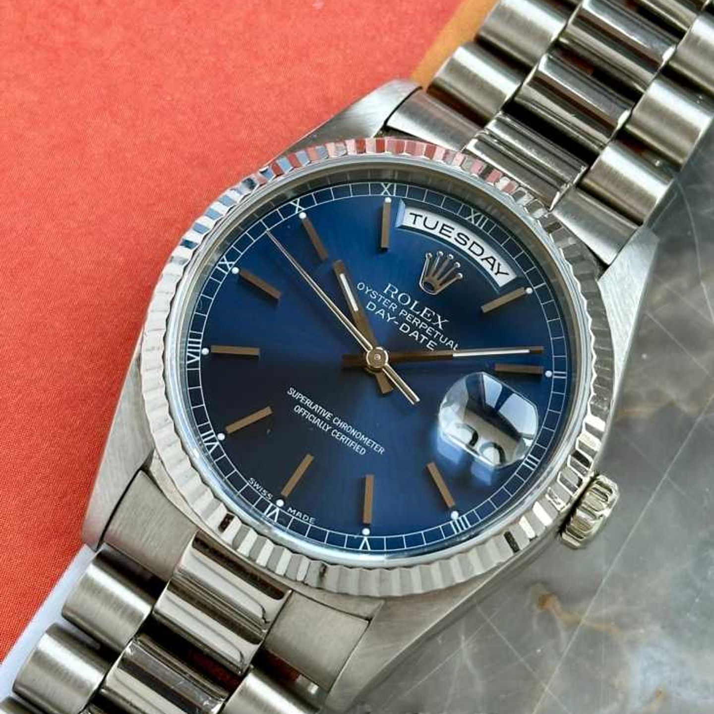 Rolex Day-Date 18239 (1991) - Blauw wijzerplaat 36mm Witgoud (6/8)