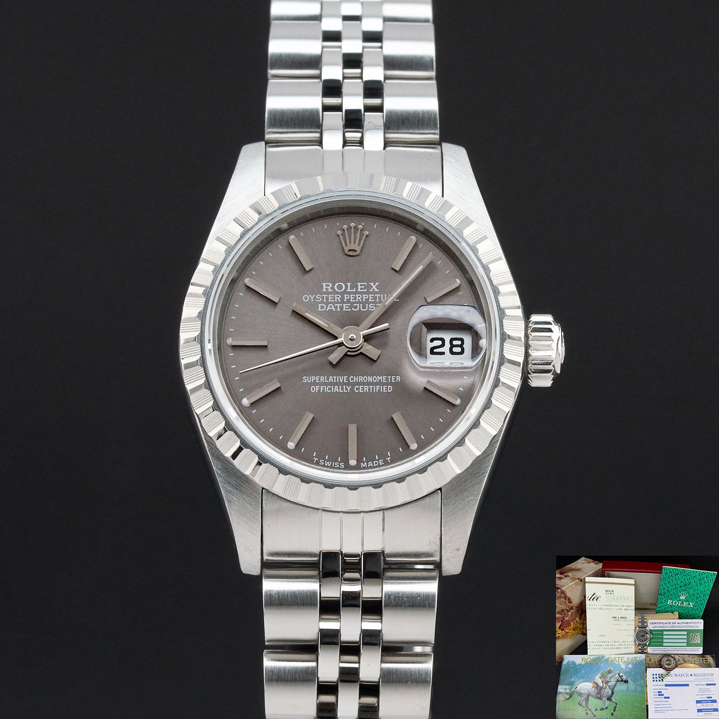Rolex Oyster Perpetual Lady Date 69240 (1991) - Grey dial 26 mm Steel case (1/8)