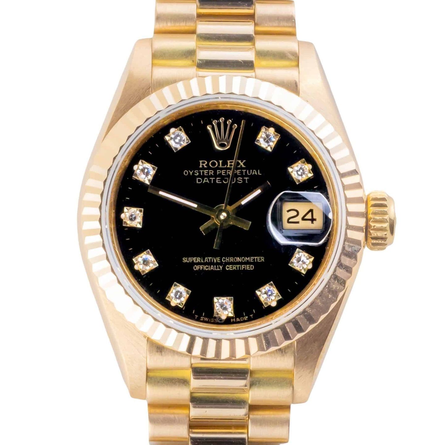 Rolex Lady-Datejust 69178 (1986) - Black dial 26 mm Yellow Gold case (3/8)