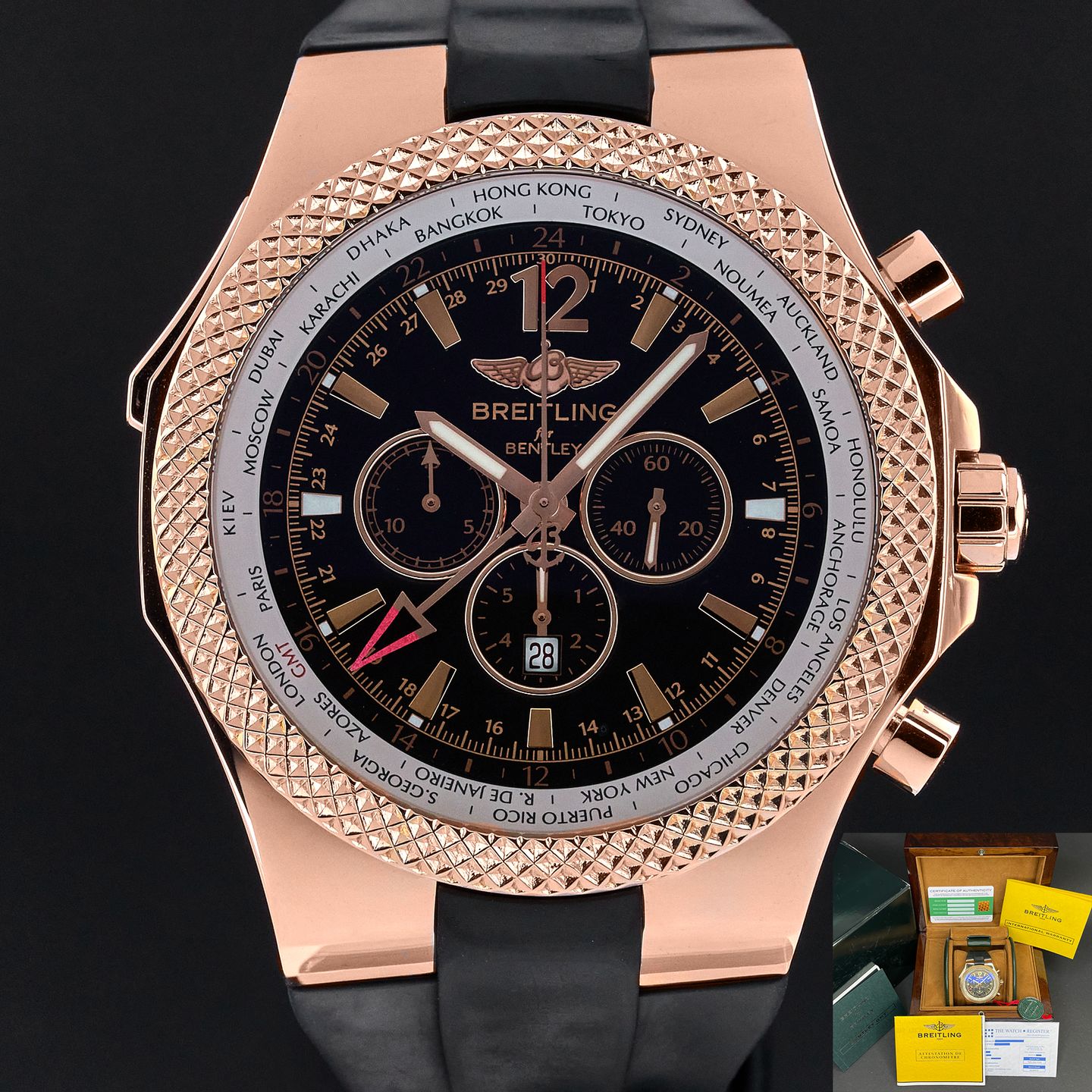 Breitling Bentley GMT R47362 (2009) - Zwart wijzerplaat 49mm Roodgoud (1/8)