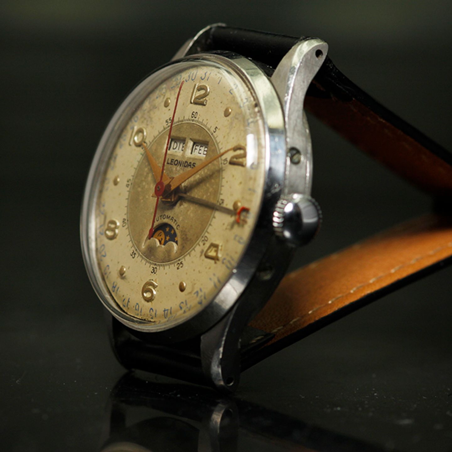 Leonidas Triple Date Moonphase n/a (1950) - White dial 35 mm Steel case (4/5)