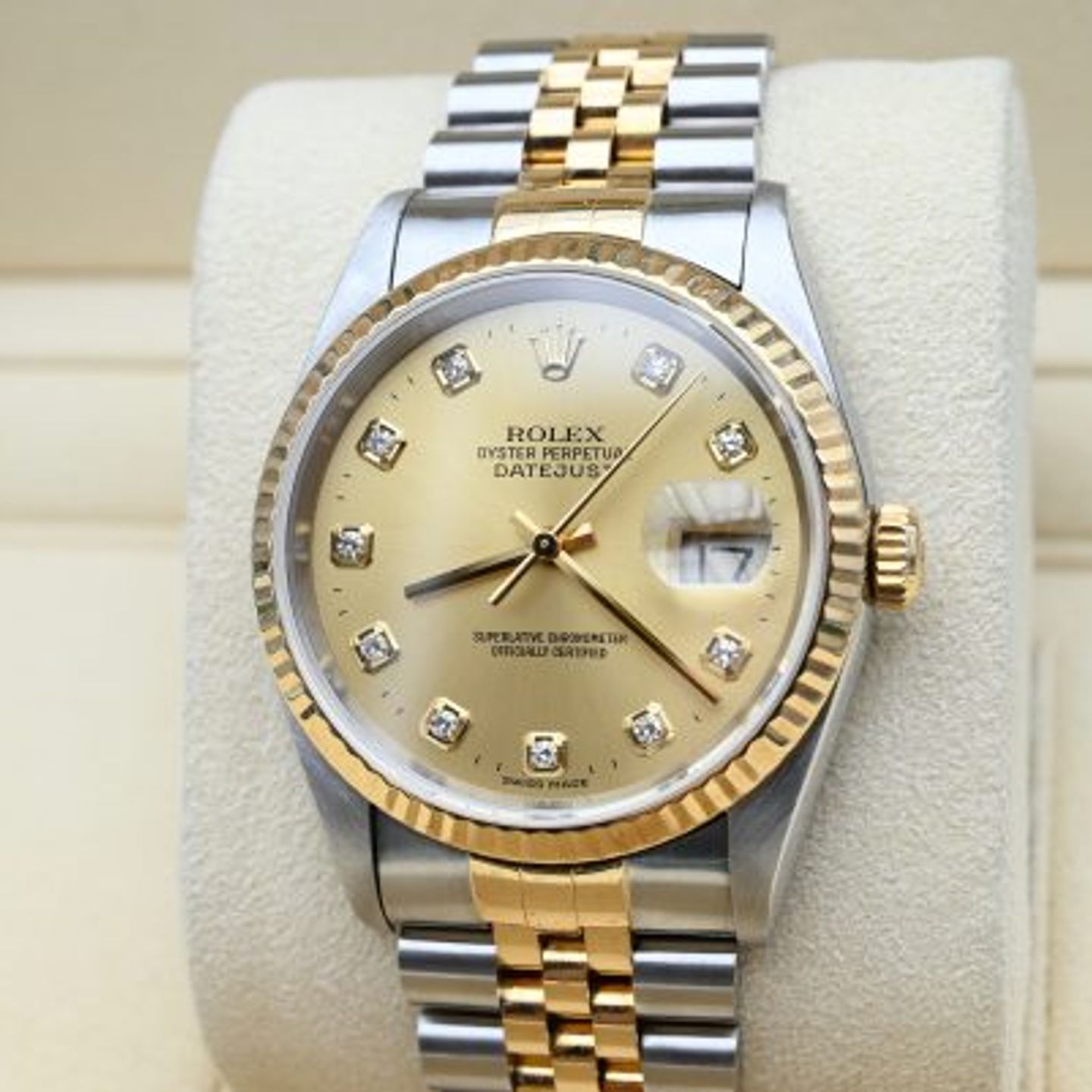 Rolex Datejust 36 16233 (1995) - Champagne wijzerplaat 36mm Goud/Staal (7/8)