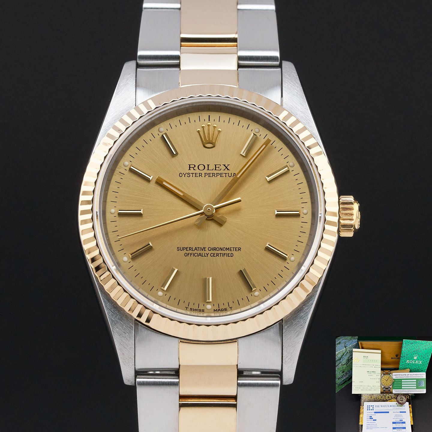 Rolex Oyster Perpetual 34 14233 (1996) - Champagne wijzerplaat 34mm Goud/Staal (1/8)