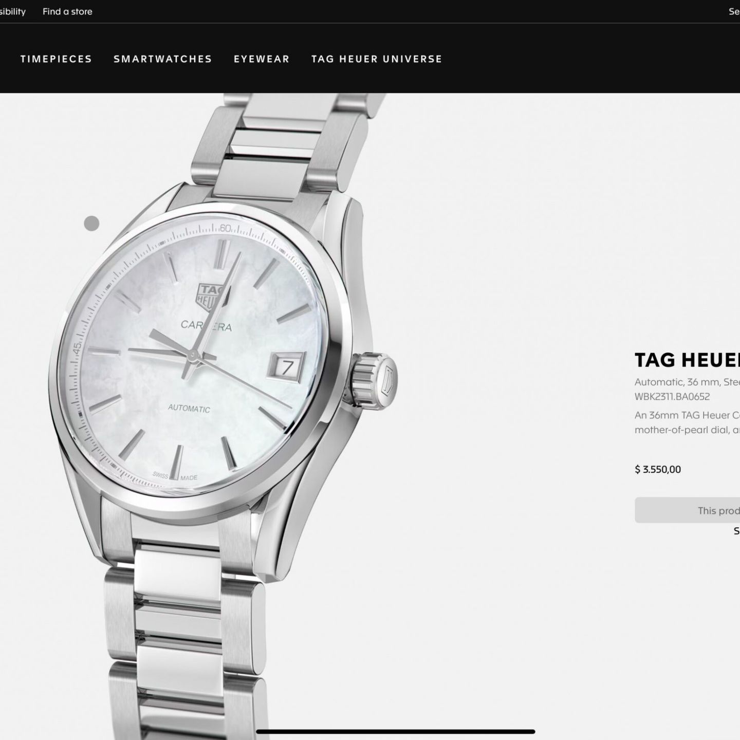 TAG Heuer Carrera Lady WBK2311.FC8258 (2024) - White dial 36 mm Steel case (1/8)