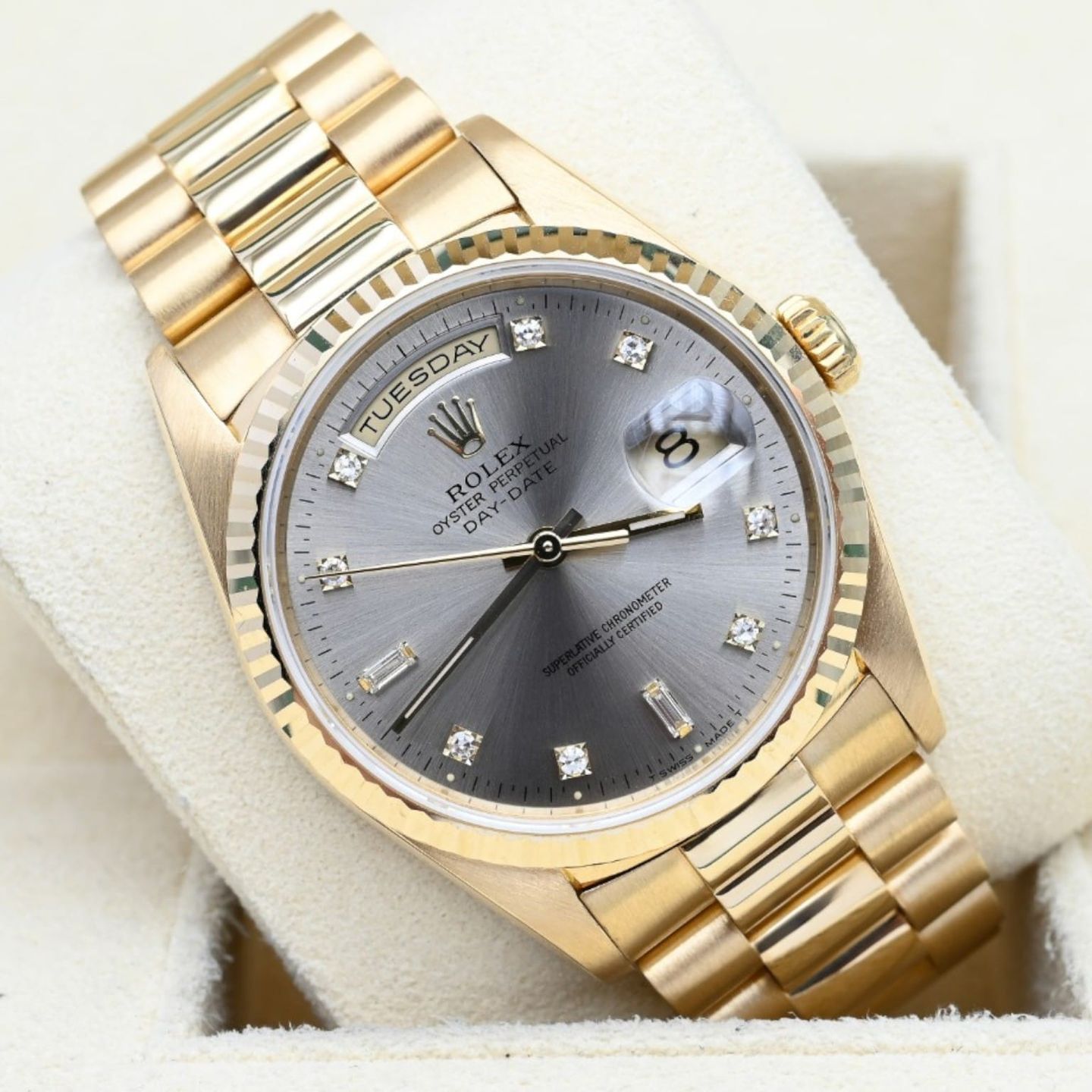 Rolex Day-Date 36 18238 (1991) - Grey dial 36 mm Yellow Gold case (1/8)