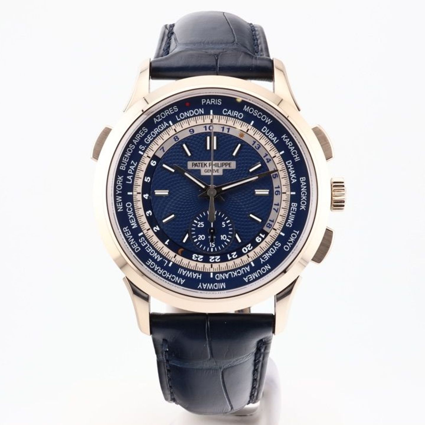 Patek Philippe World Time Chronograph 5930G-010 (2022) - Blauw wijzerplaat 39mm Witgoud (1/8)