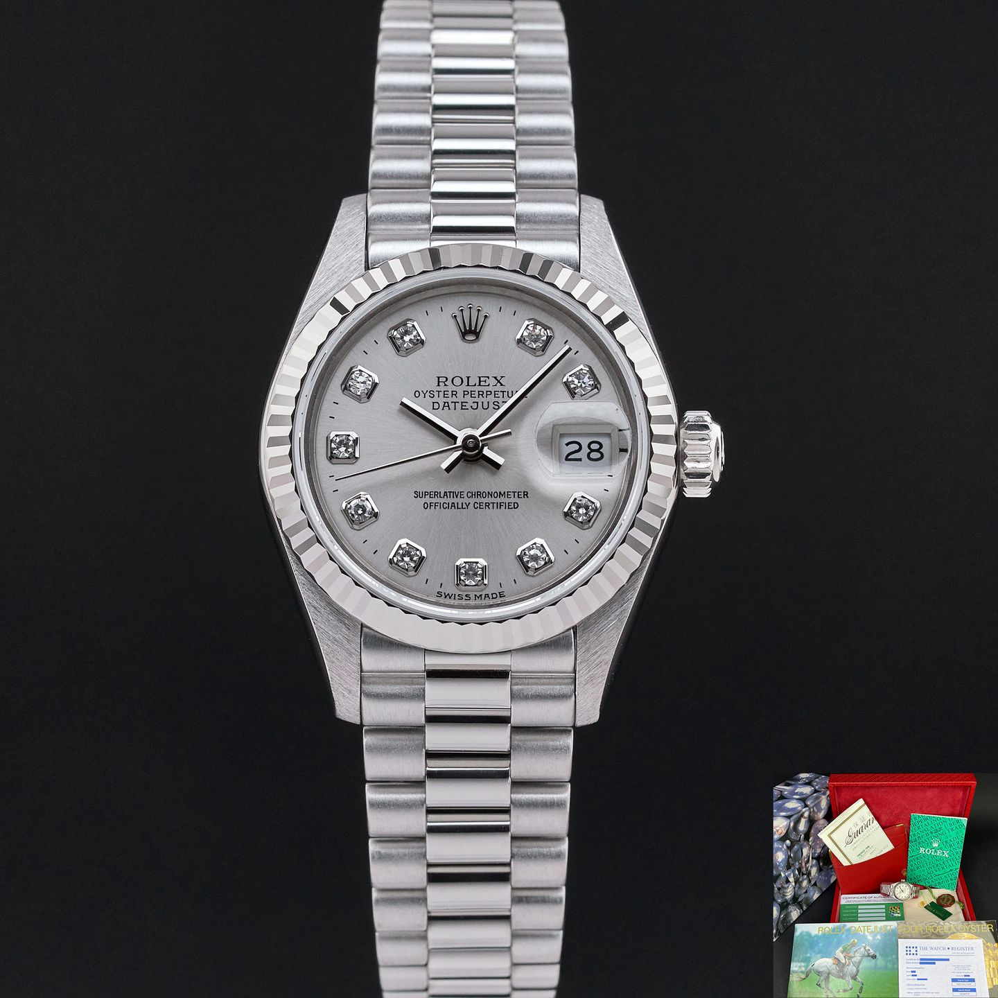 Rolex Lady-Datejust 69179 (1997) - Zilver wijzerplaat 26mm Witgoud (1/8)