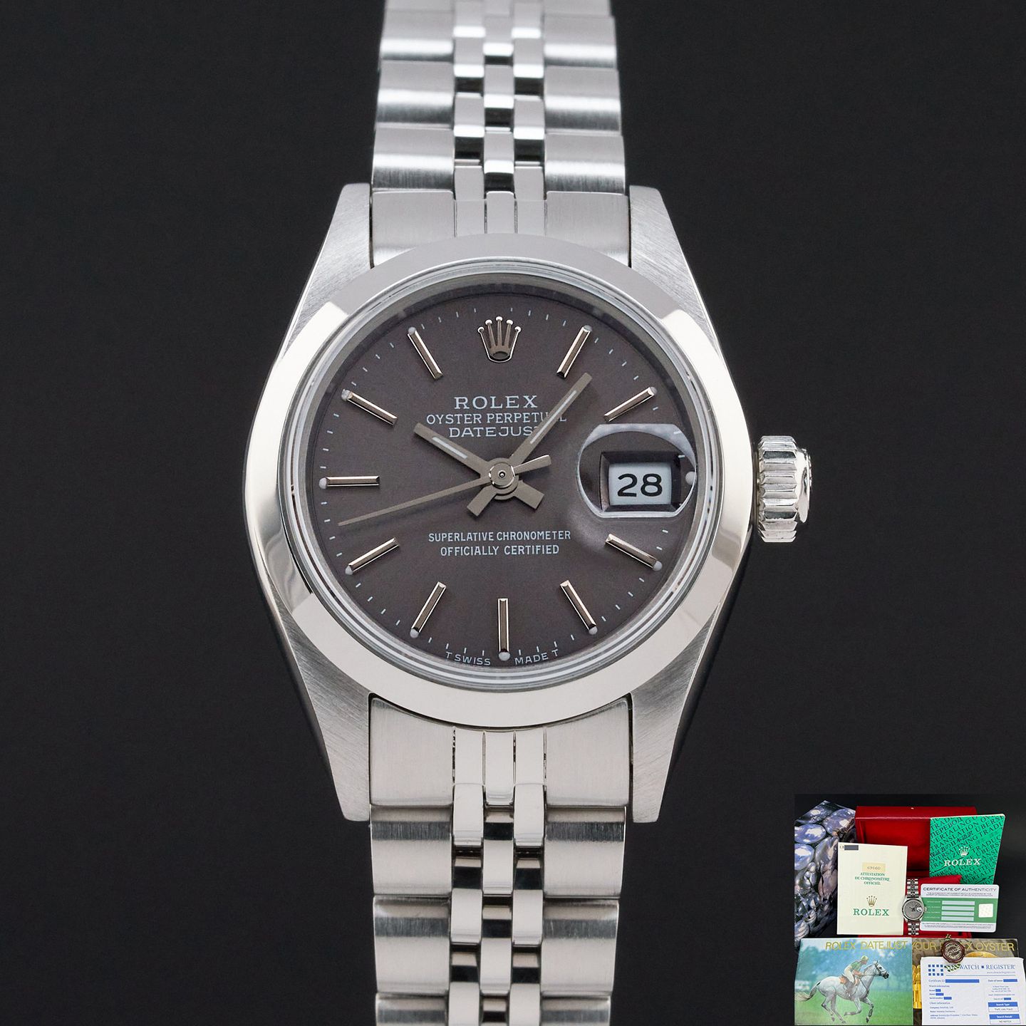 Rolex Oyster Perpetual Lady Date 69190 (1990) - Grijs wijzerplaat 26mm Staal (1/8)