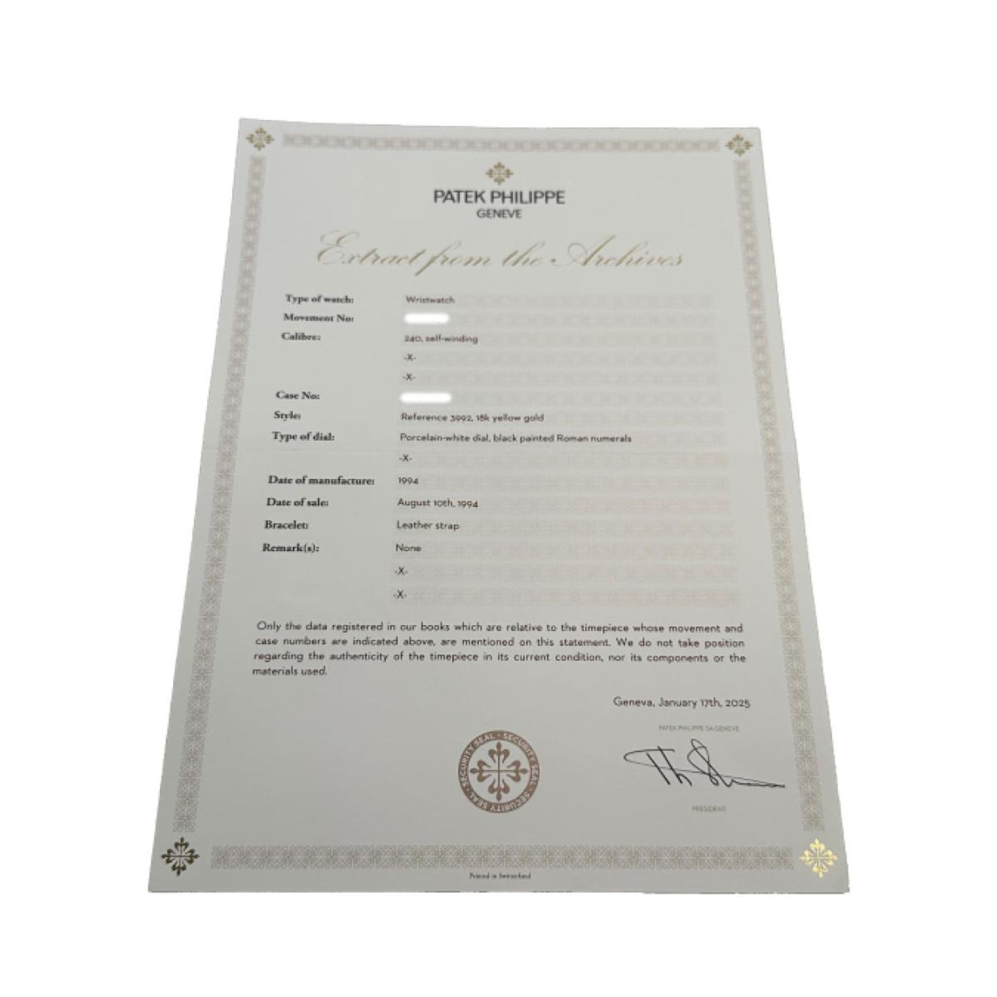 Patek Philippe Calatrava 3992 (1994) - 34 mm Yellow Gold case (5/5)