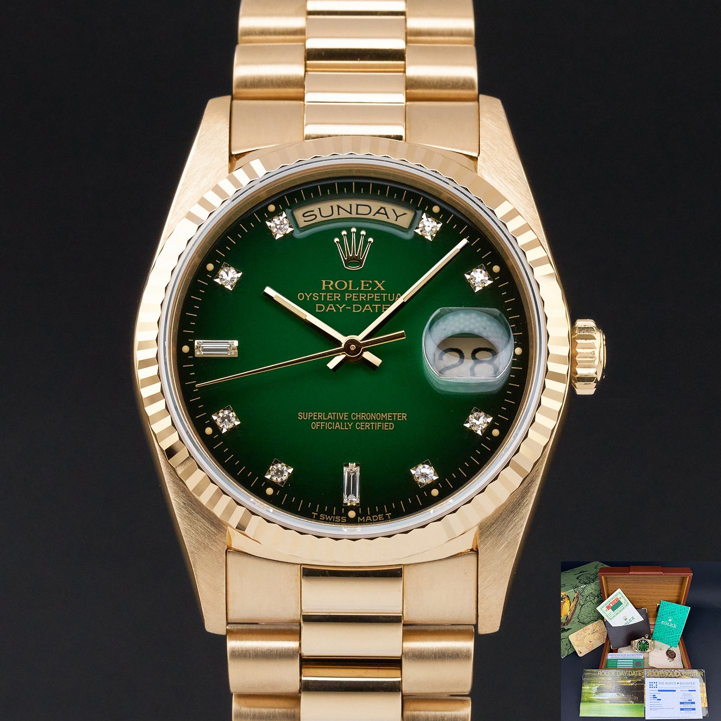 Rolex Day-Date 36 18238 (1991) - Green dial 36 mm Yellow Gold case (1/8)