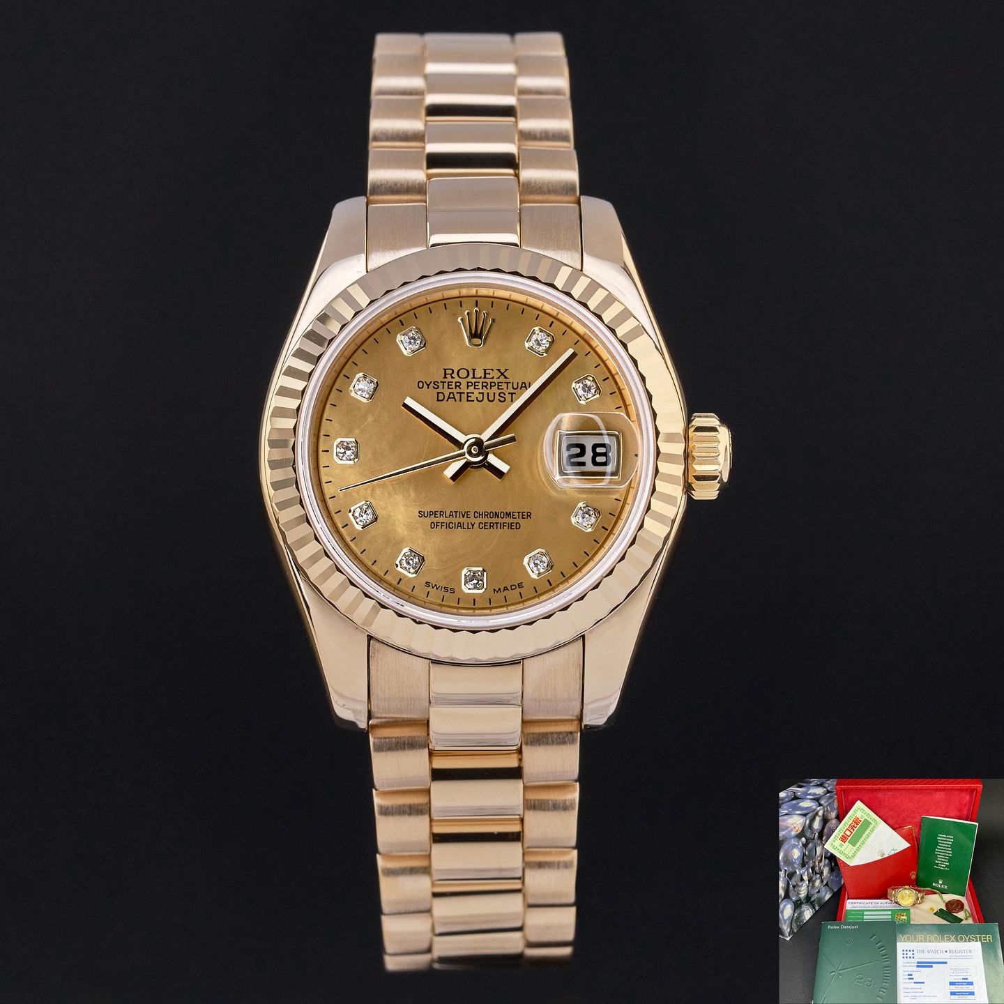 Rolex Lady-Datejust 179178 (2002) - Champagne wijzerplaat 26mm Geelgoud (1/8)