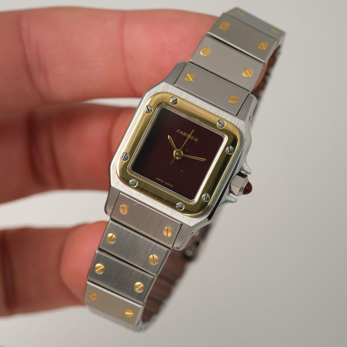 Cartier Santos 0902 (1985) - Rood wijzerplaat 24mm Goud/Staal (6/8)