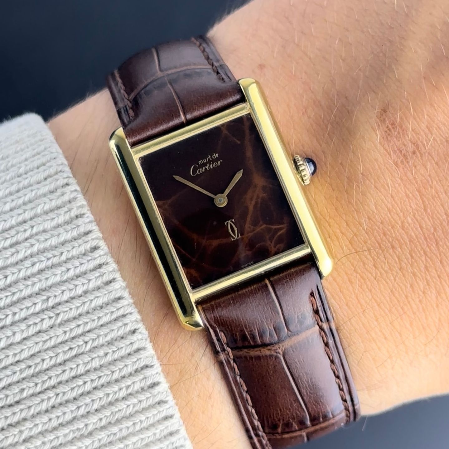 Cartier Tank Vermeil Tank Vermeil Wood dial (1981) - Bruin wijzerplaat 23mm Goud/Staal (2/8)