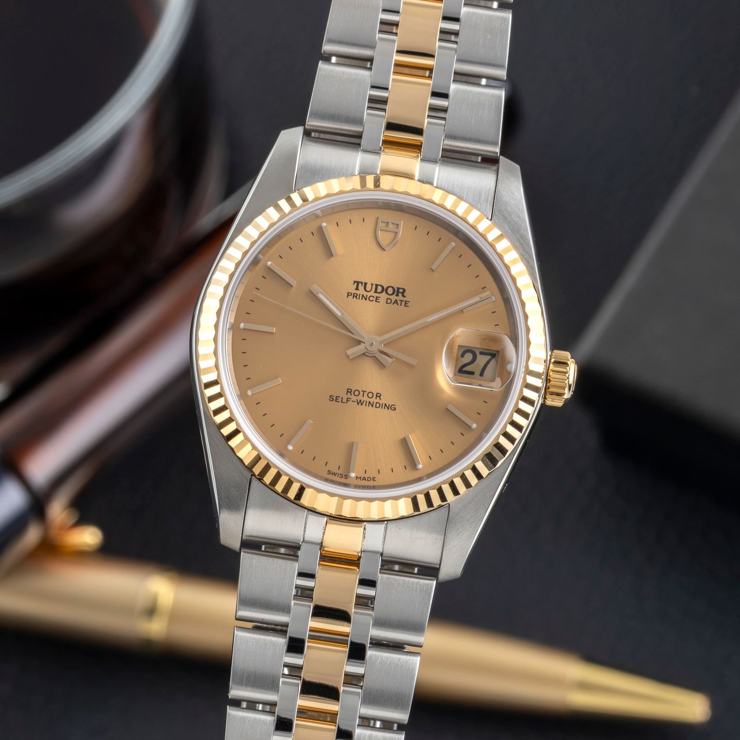 Tudor Prince Date 74033 (Onbekend (willekeurig serienummer)) - Champagne wijzerplaat 34mm Goud/Staal (3/8)