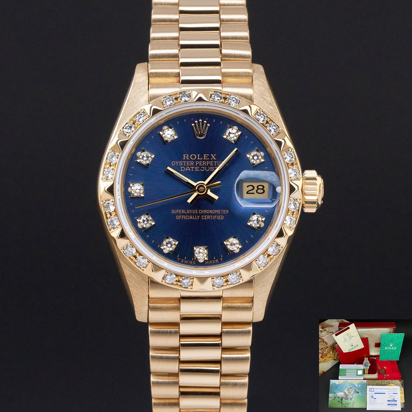 Rolex Lady-Datejust 69258 (1989) - Blue dial 26 mm Yellow Gold case (1/8)