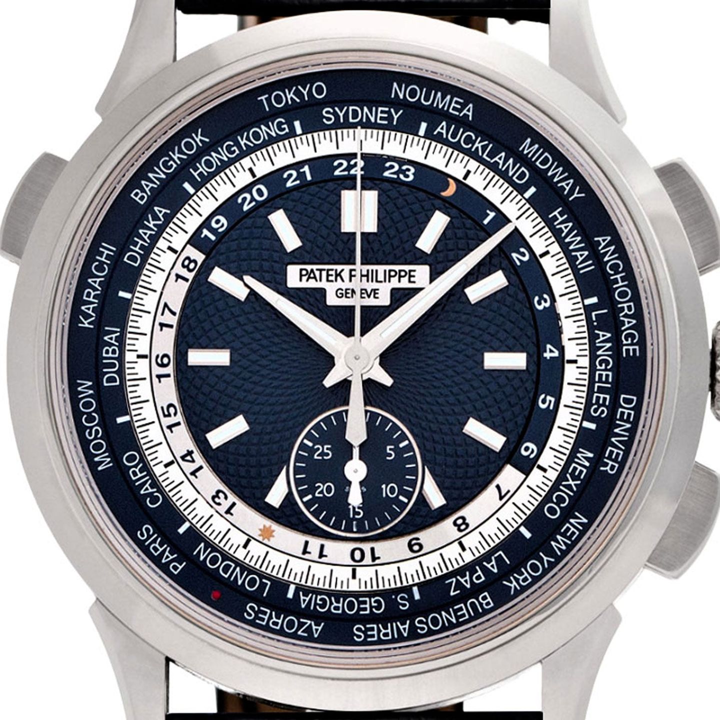 Patek Philippe World Time Chronograph 5930G-001 (2018) - Blue dial 40 mm White Gold case (2/8)