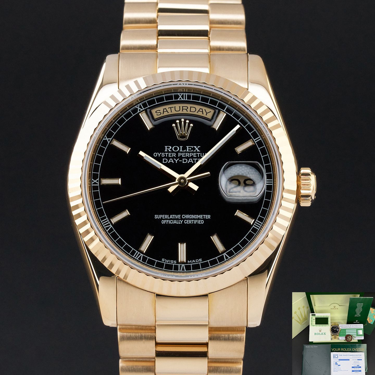Rolex Day-Date 36 118238 (2000) - Black dial 36 mm Yellow Gold case (1/8)
