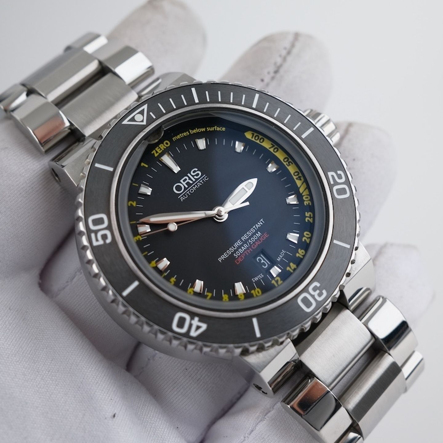 Oris Aquis Depth Gauge 01 733 7675 4154-Set RS (2016) - Zwart wijzerplaat 46mm Staal (6/8)