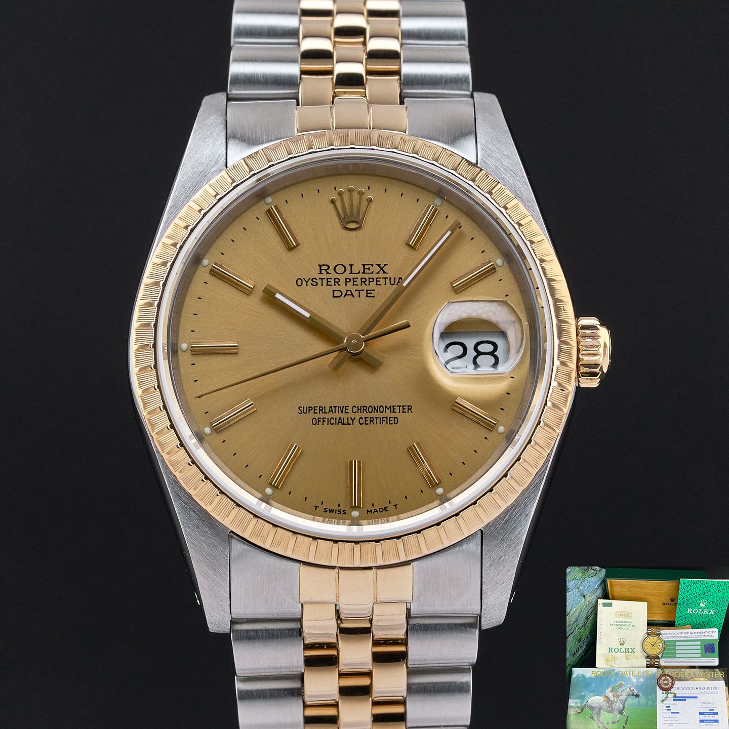 Rolex Oyster Perpetual Date 15223 (1990) - Champagne dial 34 mm Gold/Steel case (1/7)