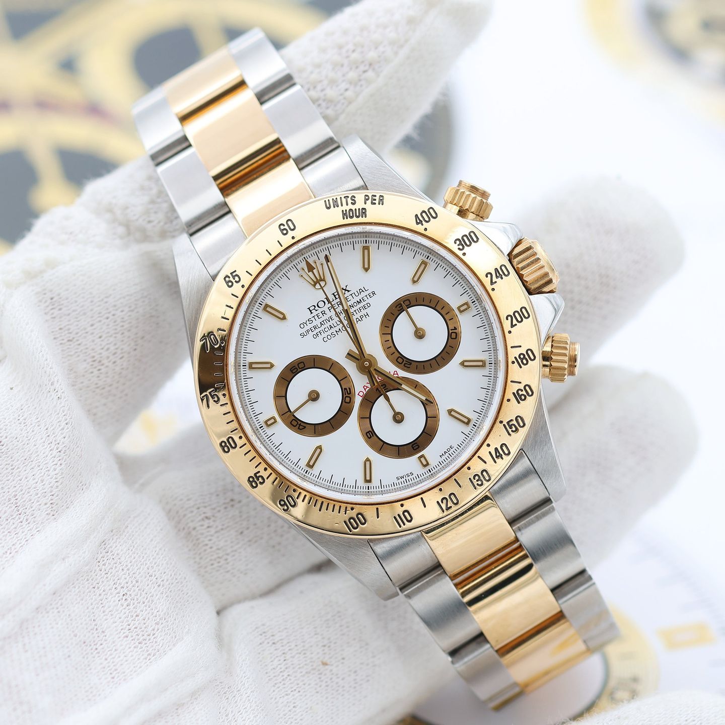Rolex Daytona 16523 (Unknown (random serial)) - White dial 40 mm Gold/Steel case (7/8)