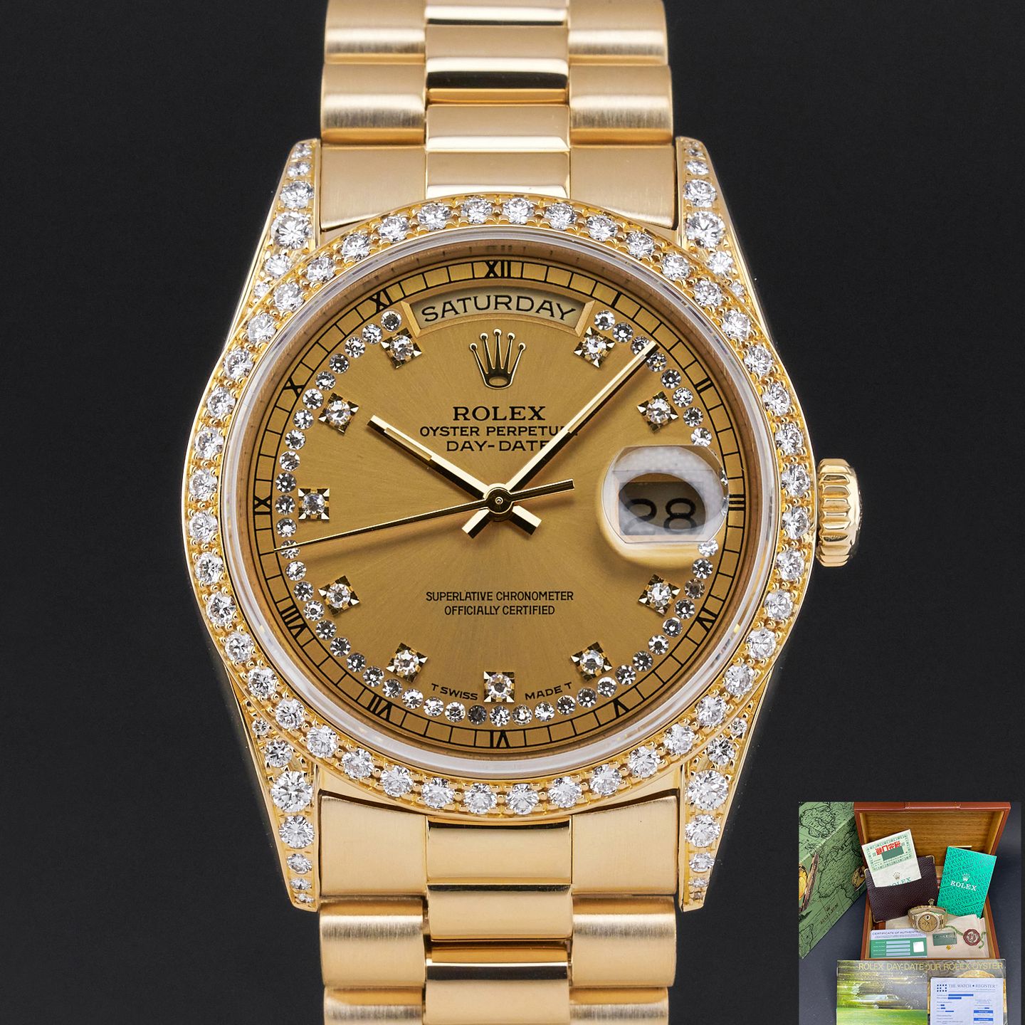 Rolex Day-Date 36 18388 (1990) - Diamond dial 36 mm Yellow Gold case (1/8)
