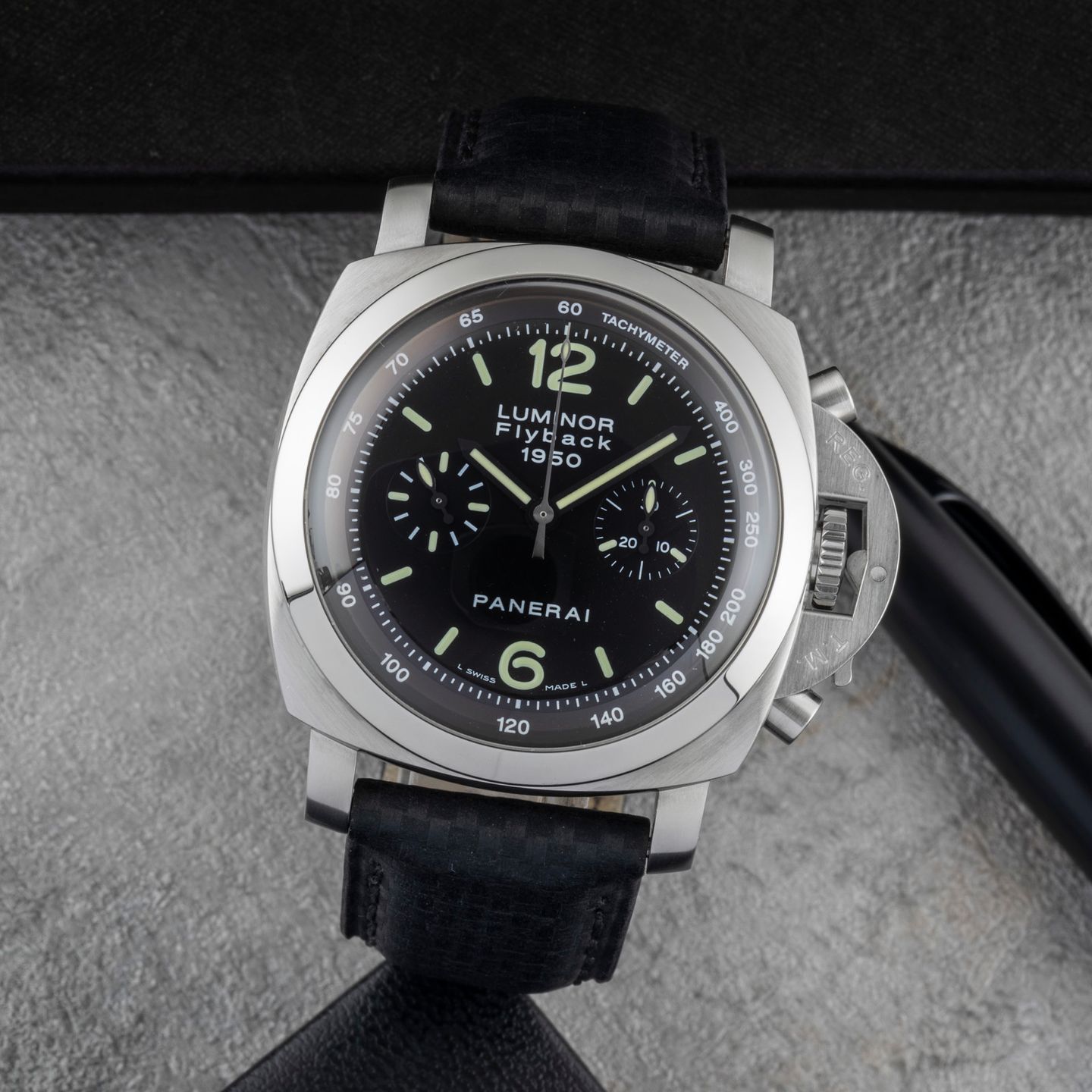 Panerai Luminor 1950 3 Days Chrono Flyback PAM00212 (Unknown (random serial)) - Black dial 44 mm Steel case (1/8)