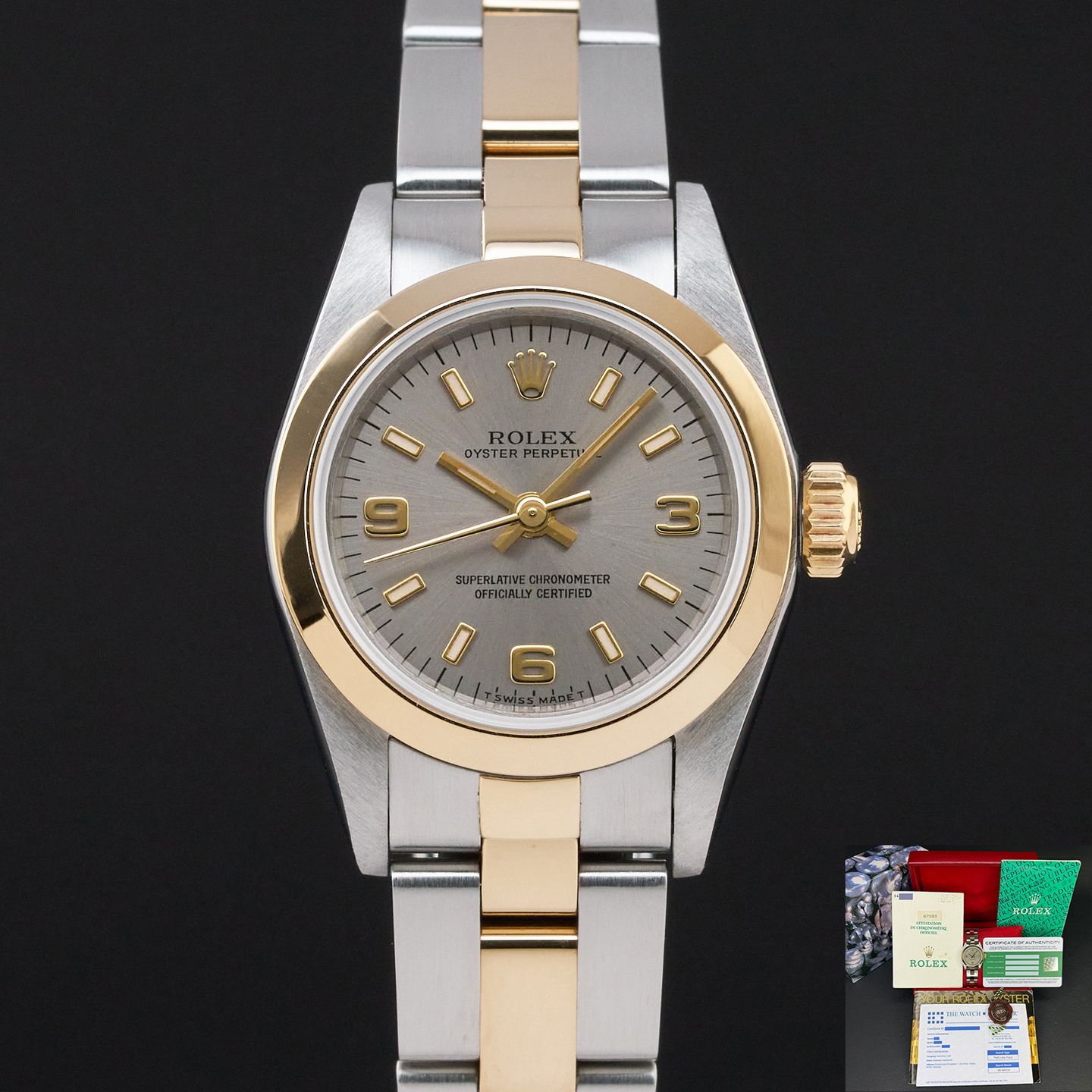 Rolex Oyster Perpetual 67183 (1993) - Grey dial 26 mm Gold/Steel case (1/8)