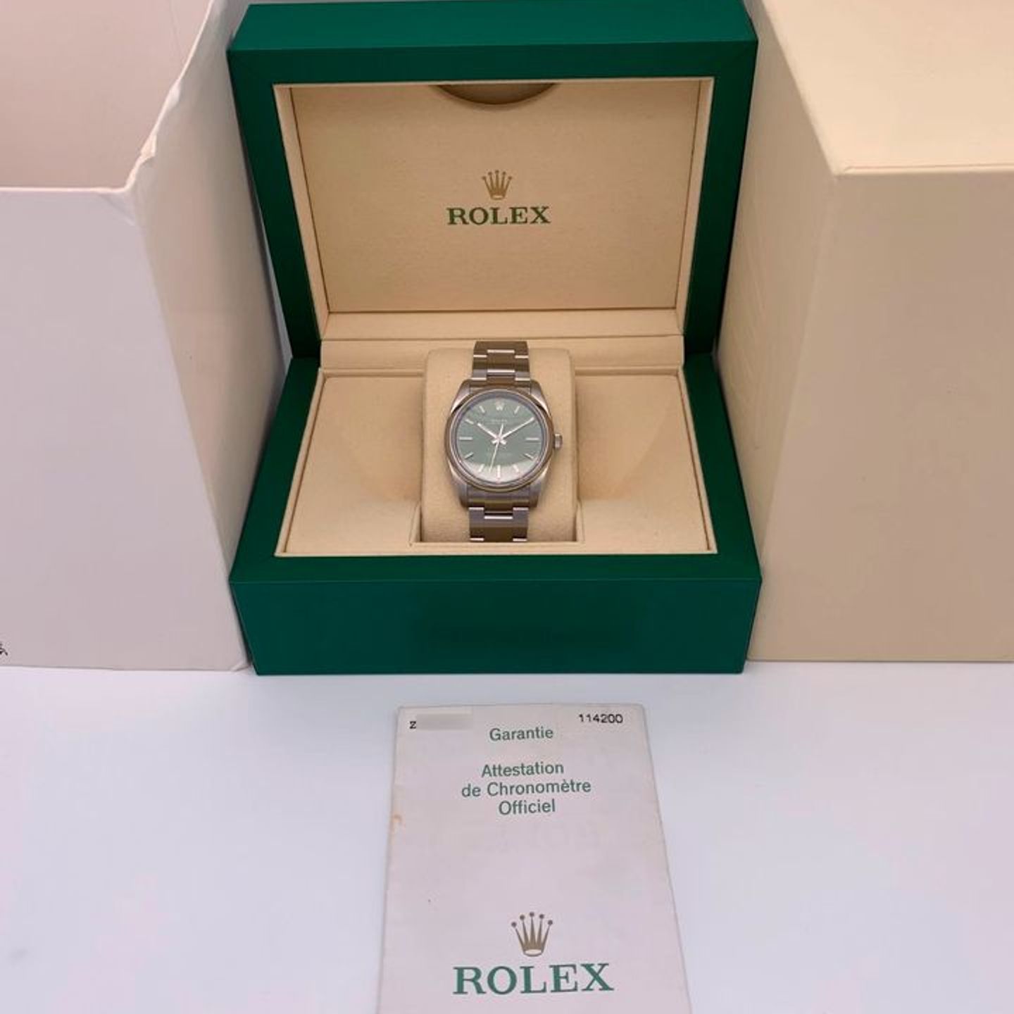 Rolex Oyster Perpetual 34 114200 (2007) - Green dial 34 mm Steel case (10/10)