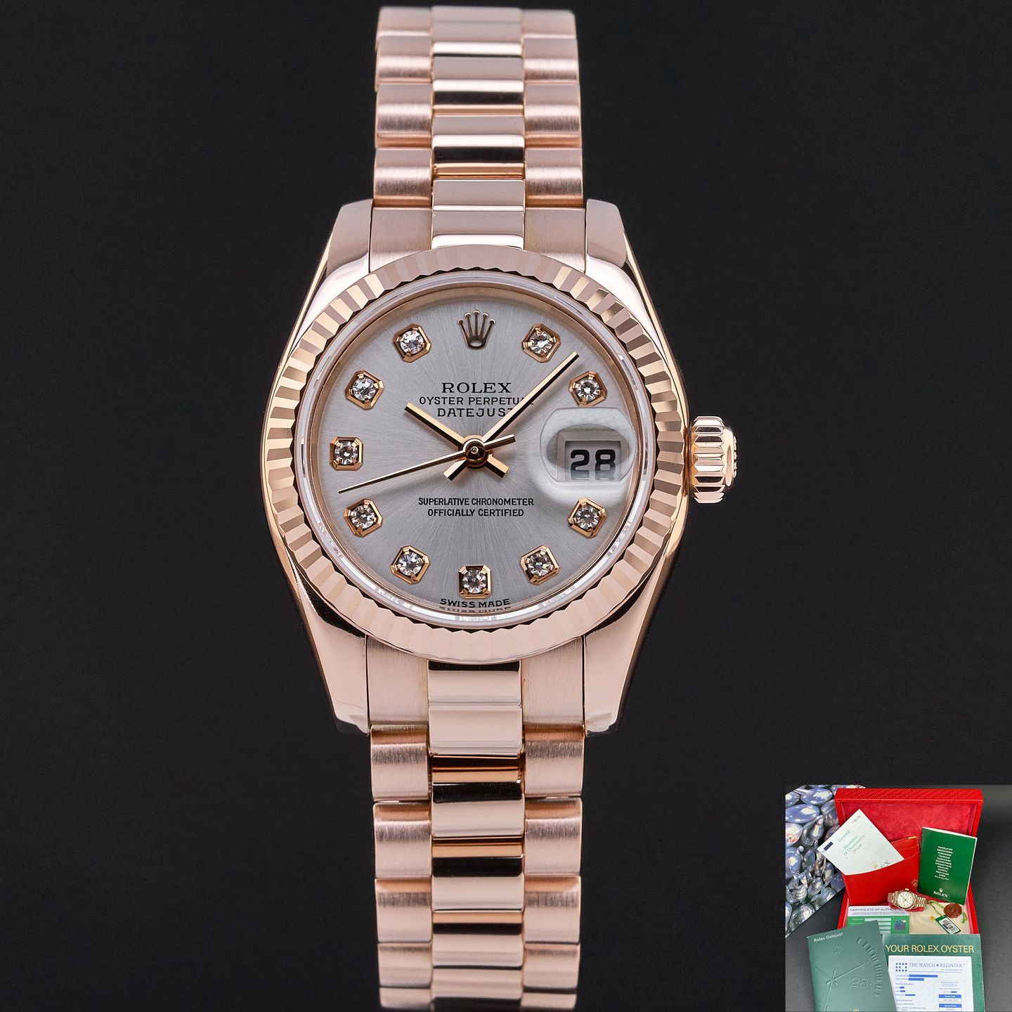 Rolex Lady-Datejust 179175 (2002) - Zilver wijzerplaat 26mm Roségoud (1/8)