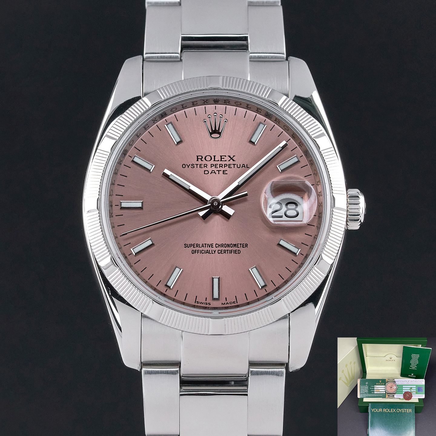 Rolex Oyster Perpetual Date 115210 (2006) - Roze wijzerplaat 34mm Staal (1/7)