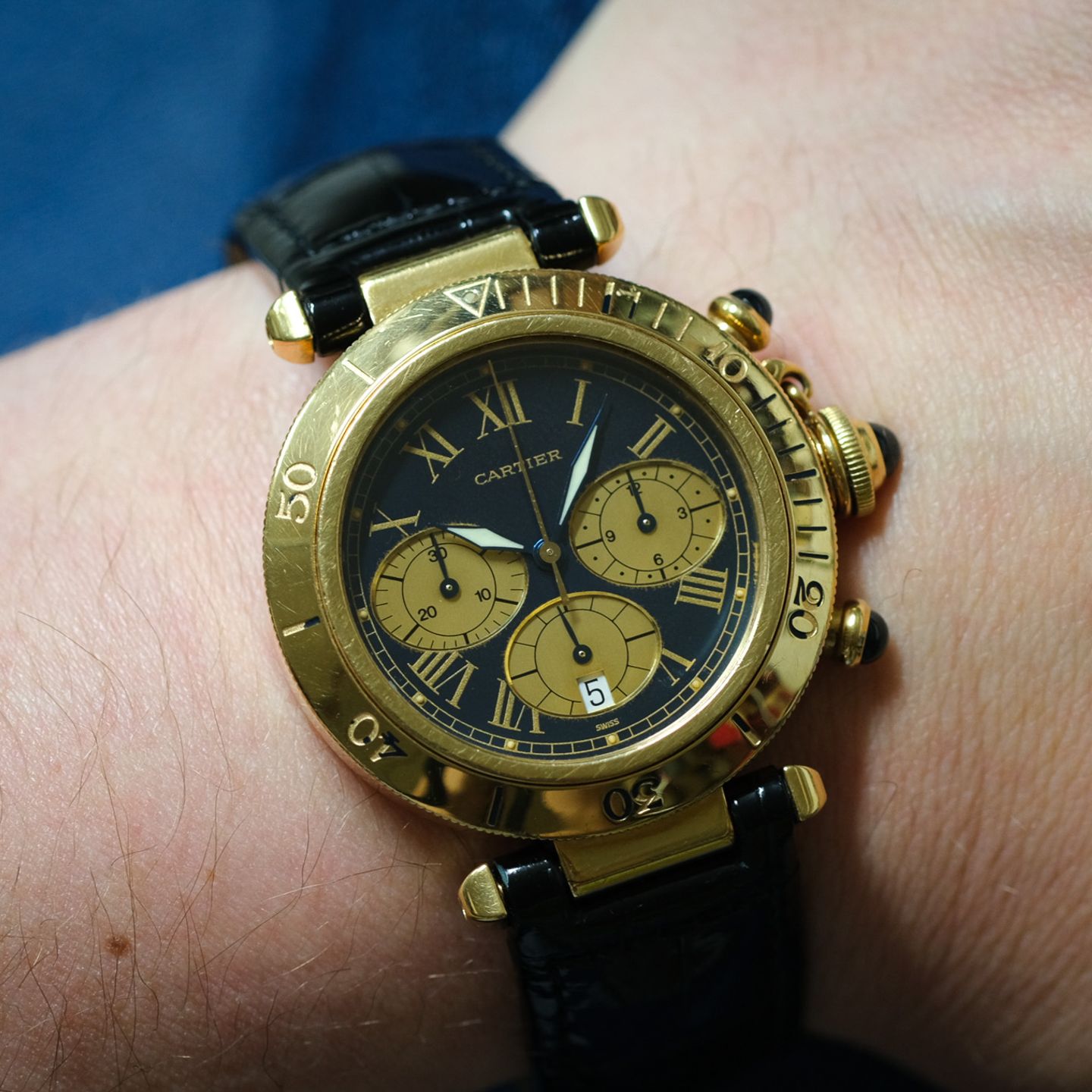 Cartier Pasha 0960 1 (1996) - Blue dial 38 mm Yellow Gold case (1/8)