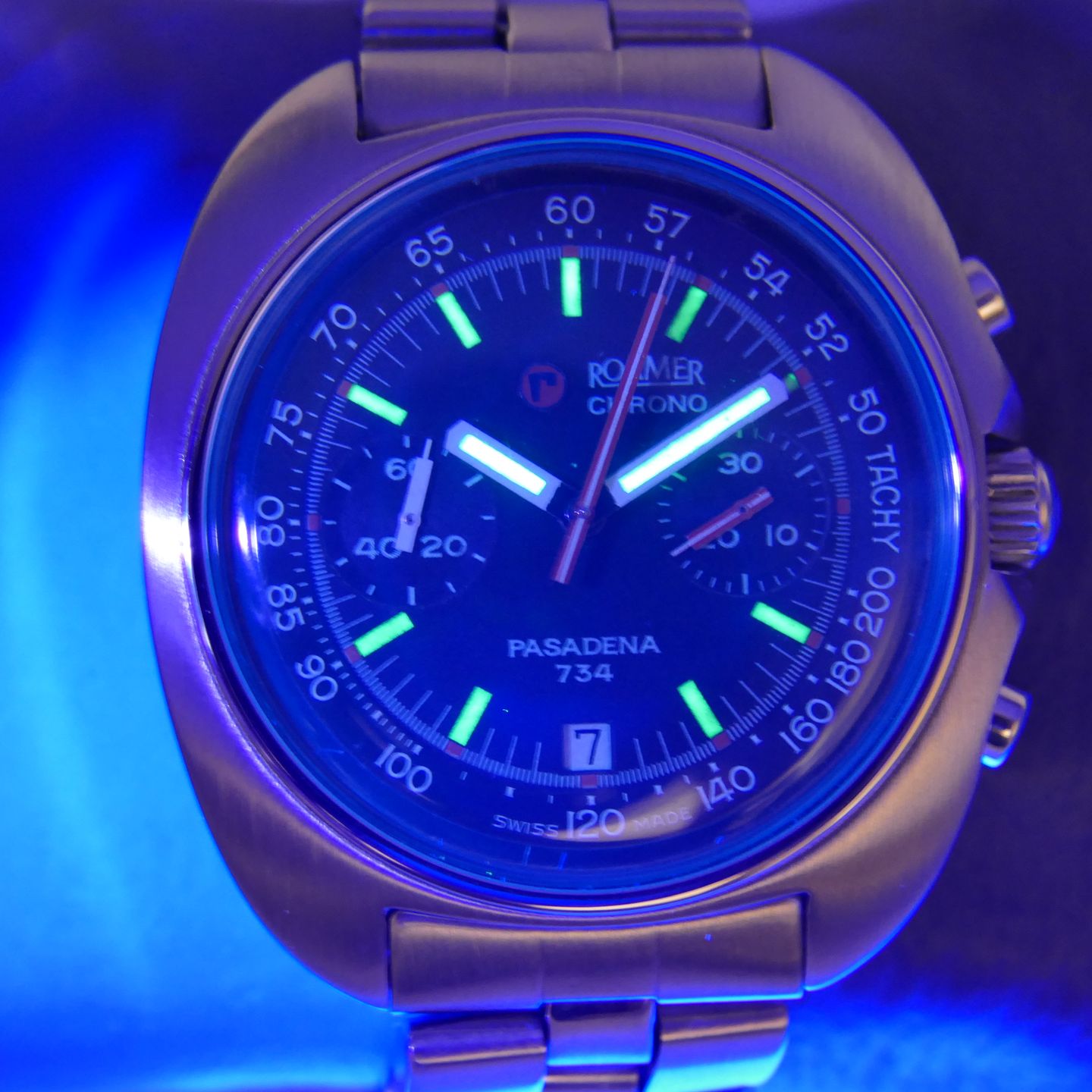 Roamer Vintage 70s vintage watch mens Roamer Pasadena 734 ref 734-9120.608 chrono valjoux 7734 serviced (1970) - Black dial 43 mm Steel case (8/8)