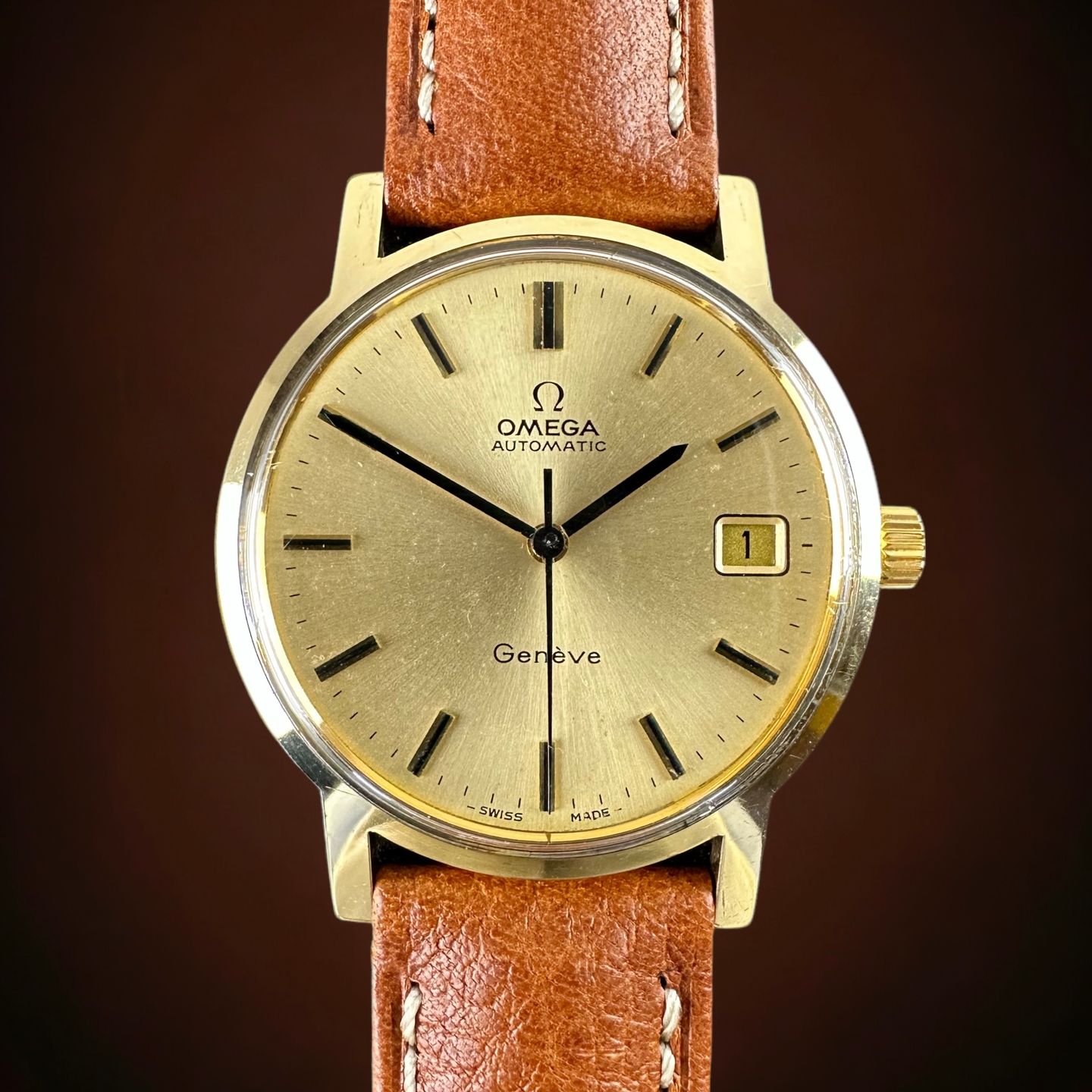 Omega Genève 166.163 (1973) - Gold dial 34 mm Yellow Gold case (1/8)