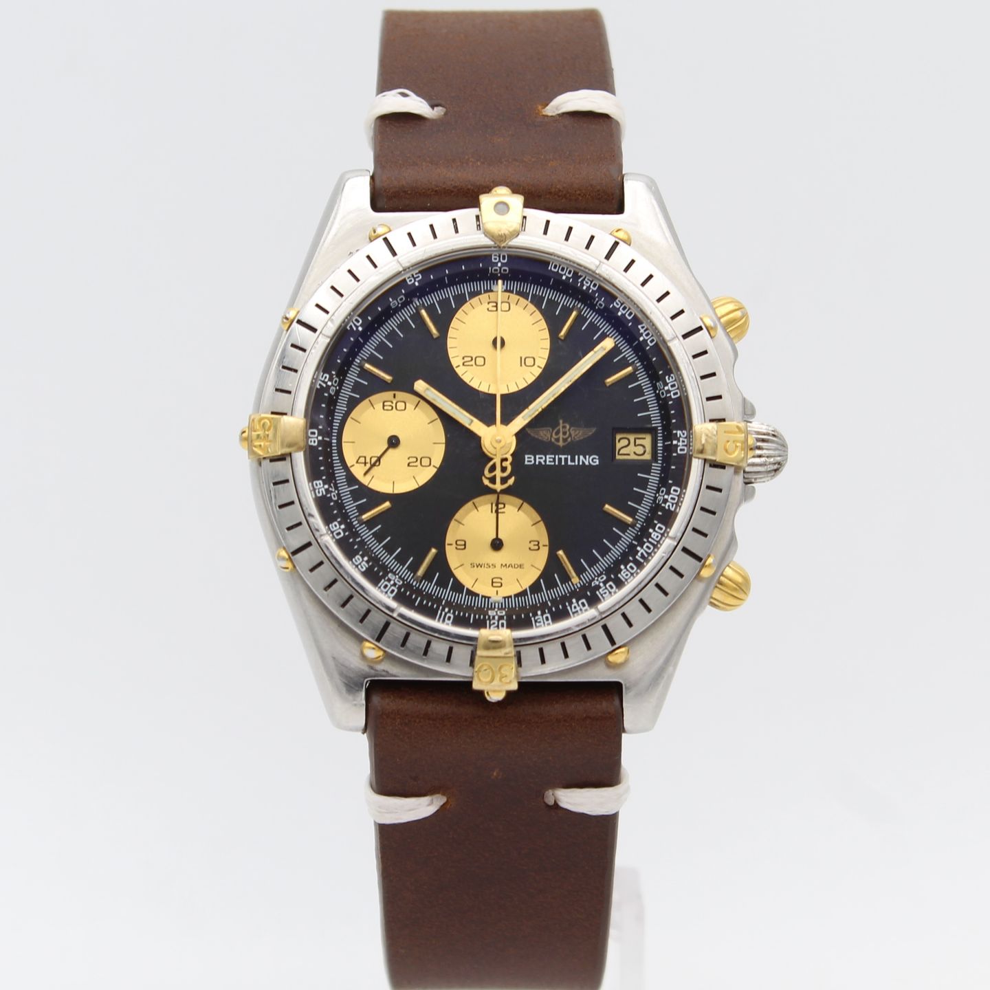 Breitling Chronomat B13047 (1990) - Black dial 39 mm Gold/Steel case (1/8)