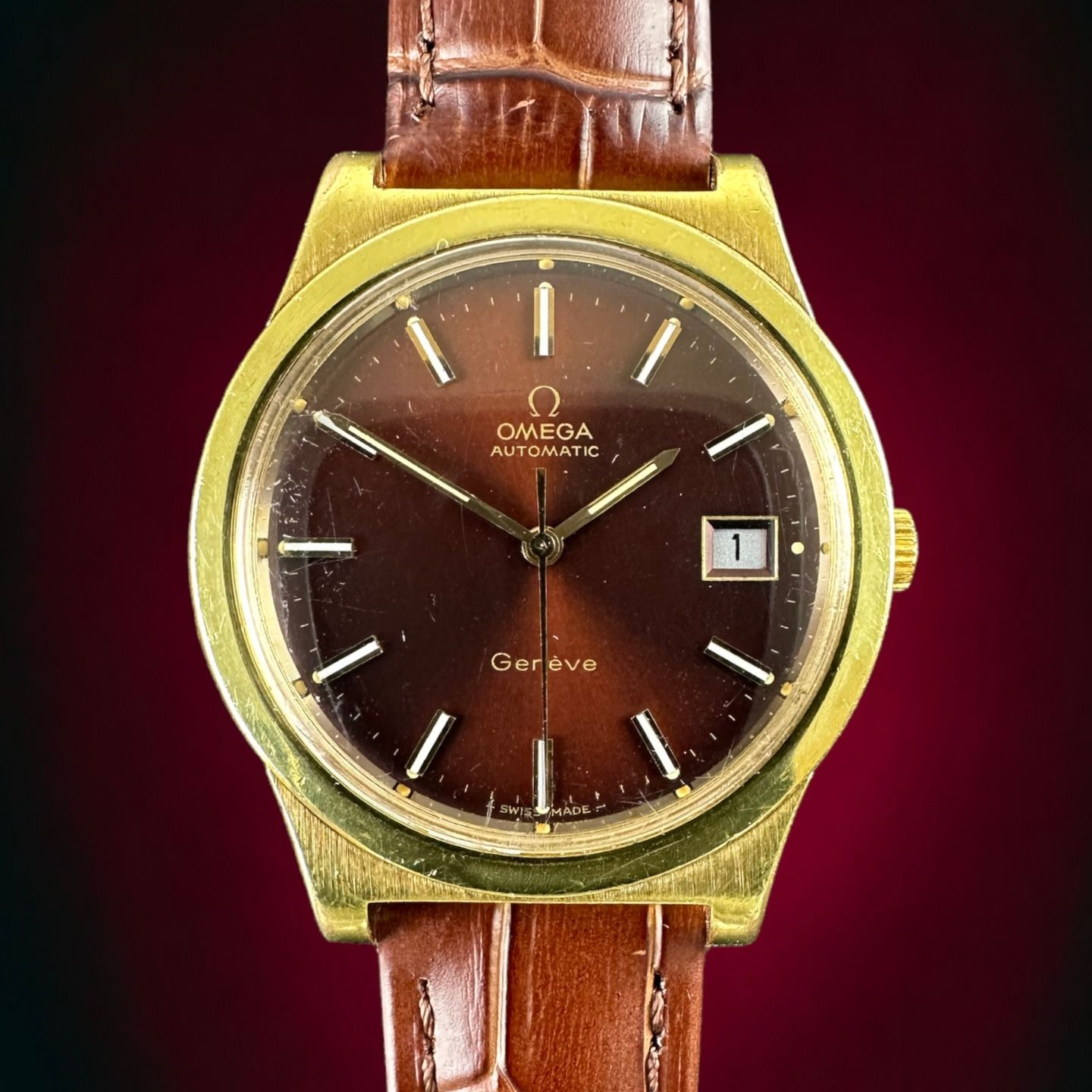 Omega Genève 166.0168 (1973) - Rood wijzerplaat 36mm Goud/Staal (1/8)