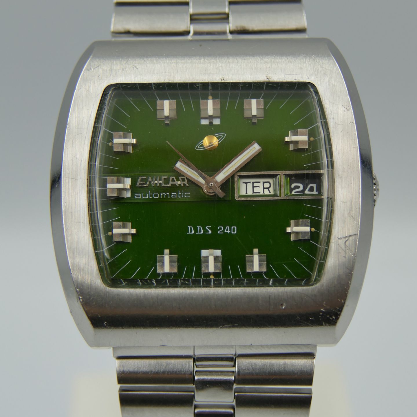 Enicar Vintage 70's vintage watch mens Enicar DDS 240 automatic AR 167 green dial rare 39mm - (3/8)