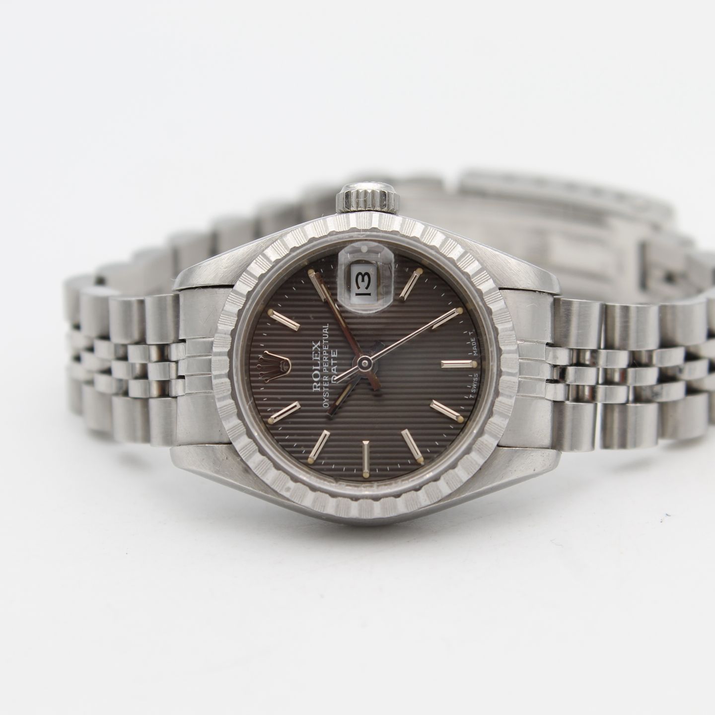 Rolex Oyster Perpetual Lady Date 69240 (1990) - Grijs wijzerplaat 26mm Staal (8/8)