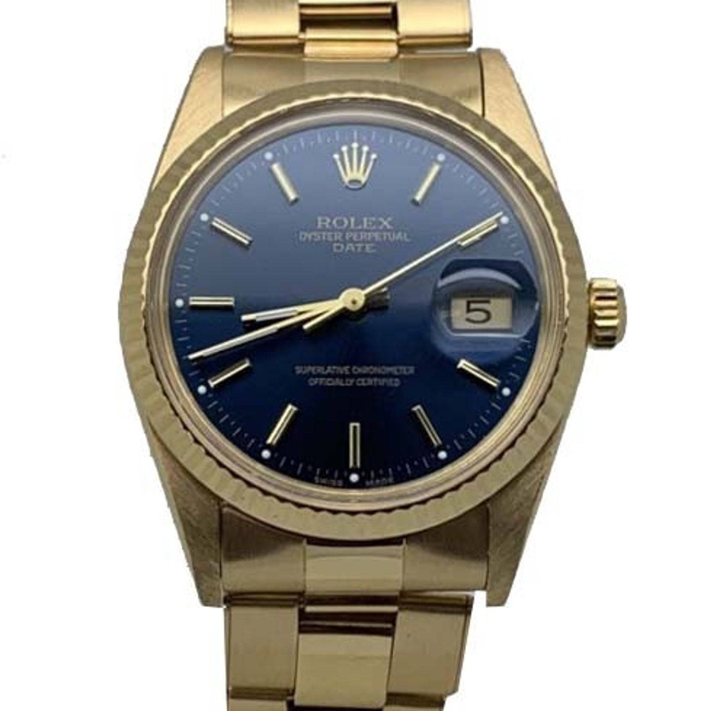 Rolex Oyster Perpetual Date 15038 (Onbekend (willekeurig serienummer)) - Blauw wijzerplaat 34mm Geelgoud (1/1)